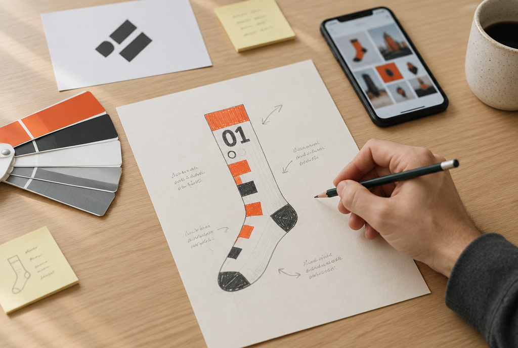 A hand sketches a custom sock design on a sheet of paper with handwritten notes, surrounded by design props including a color swatch fan, sticky notes, a smartphone, and a coffee cup on a wooden desk.