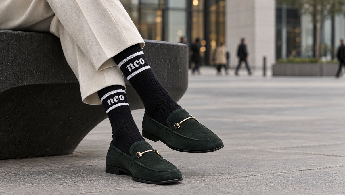A person wearing dark green suede loafers with gold-tone horsebit details, paired with black cotton crew socks featuring white stripes and the word 'neo' near the top, seated on a dark stone bench in an outdoor urban setting.