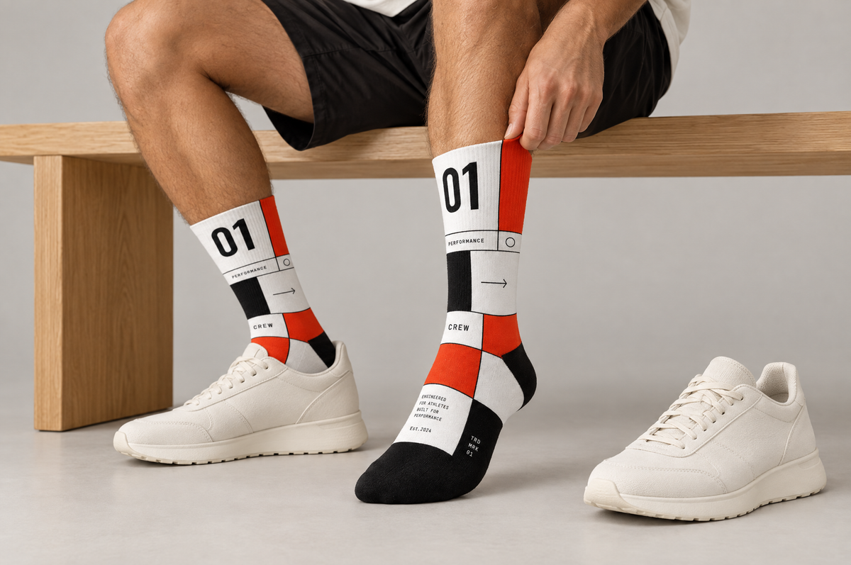 A person sitting on a wooden bench wearing white sneakers and socks with a bold geometric pattern in white, orange, black, and gray. A matching white sneaker is placed on the floor next to them.