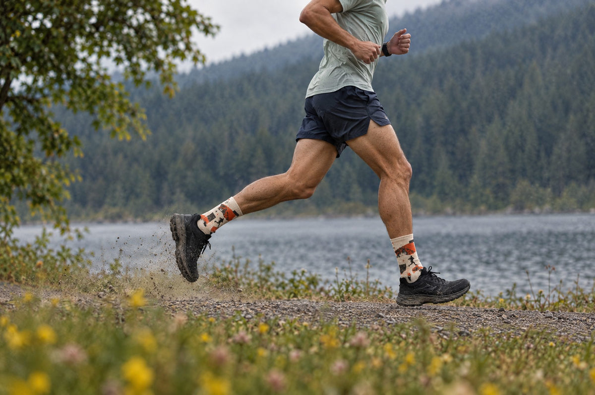 A runner in a light gray t-shirt, navy shorts, and patterned custom crew socks jogging along a trail next to a lake with a forested mountain in the background.
