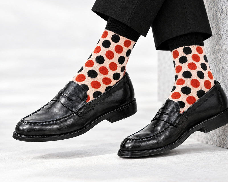 A person seated on a stone-like surface wearing black leather loafers and  dress socks with a bold orange, black, and beige polka dot pattern.