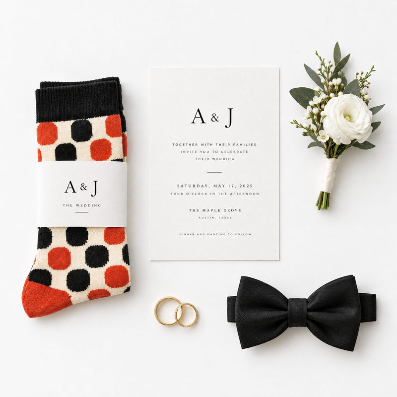 A styled flat-lay of wedding accessories on a white background: a pair of custom dress socks with black and orange polka dots and cream background. There's a white band reading 'A & J The Wedding,' a white wedding invitation card, a white rose boutonniere, and a black bow tie.