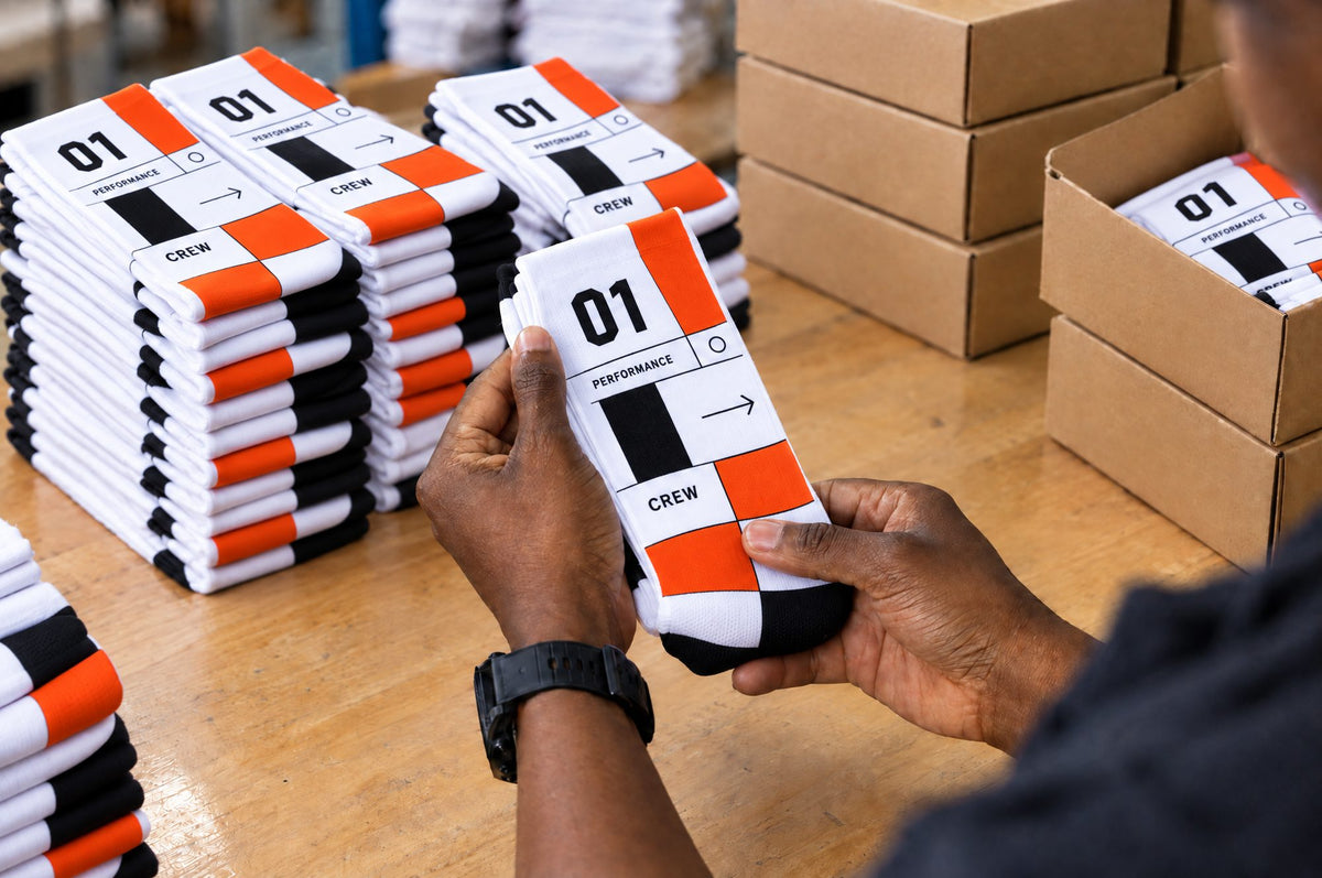 A person holds a white crew sock with bold orange and black blocks and the text '01 PERFORMANCE' and 'CREW' while stacks of custom socks and cardboard boxes sit on a wooden table in a warehouse or packaging area.