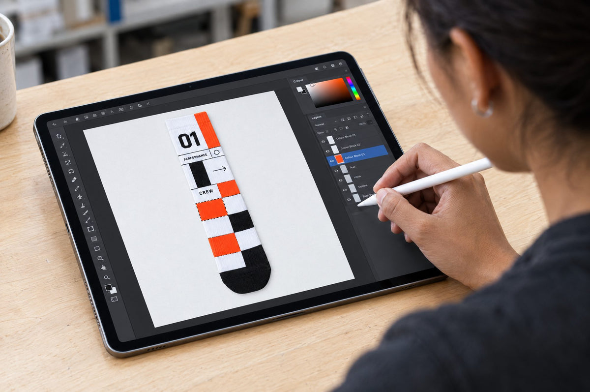A person using a white stylus on a tablet screen to edit a sock design, shown from an over-the-shoulder perspective on a light wood desk.